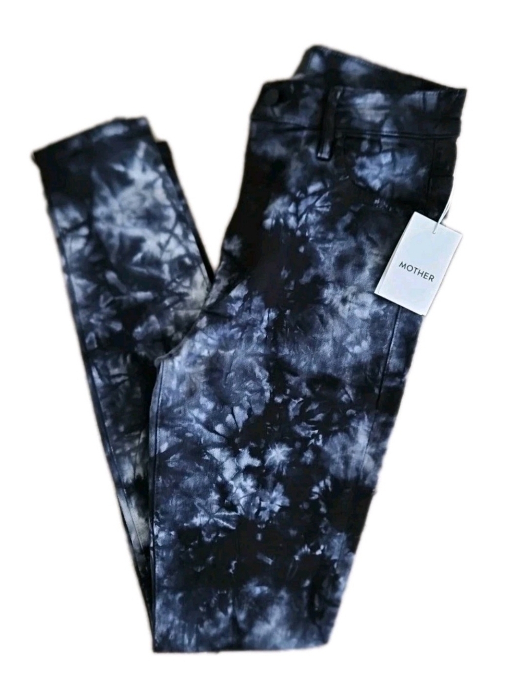 MOTHER Winding Paths Skinny Jeans Black White Tie Dye High Rise 28 NWT.